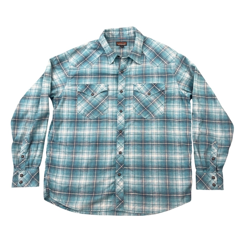 Patagonia Mens L Long-Sleeved Western Snap Shirt Blue Plaid Western Hemp 53330
